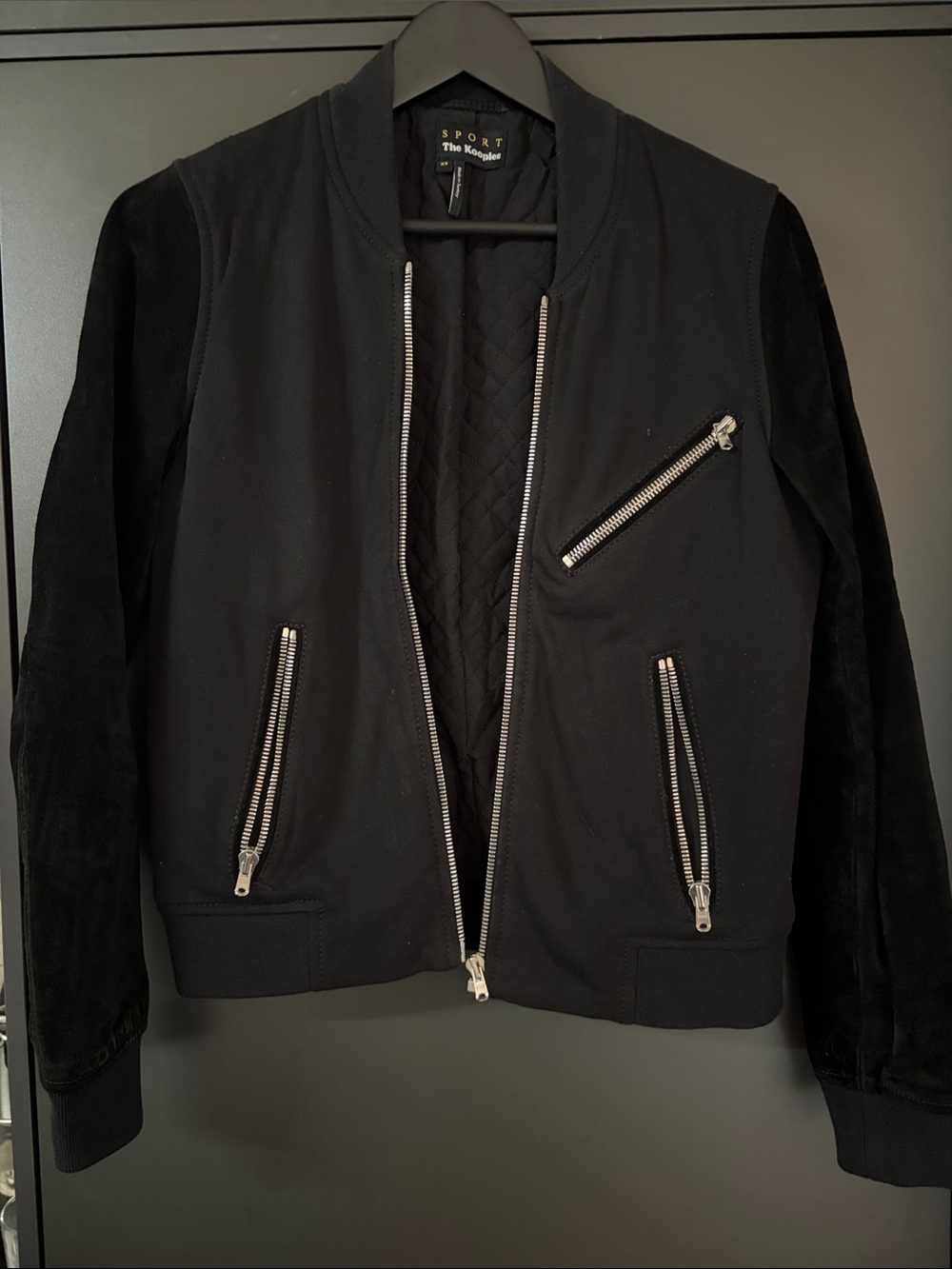 The Kooples Black Bomber Jacket with Silver Zippers